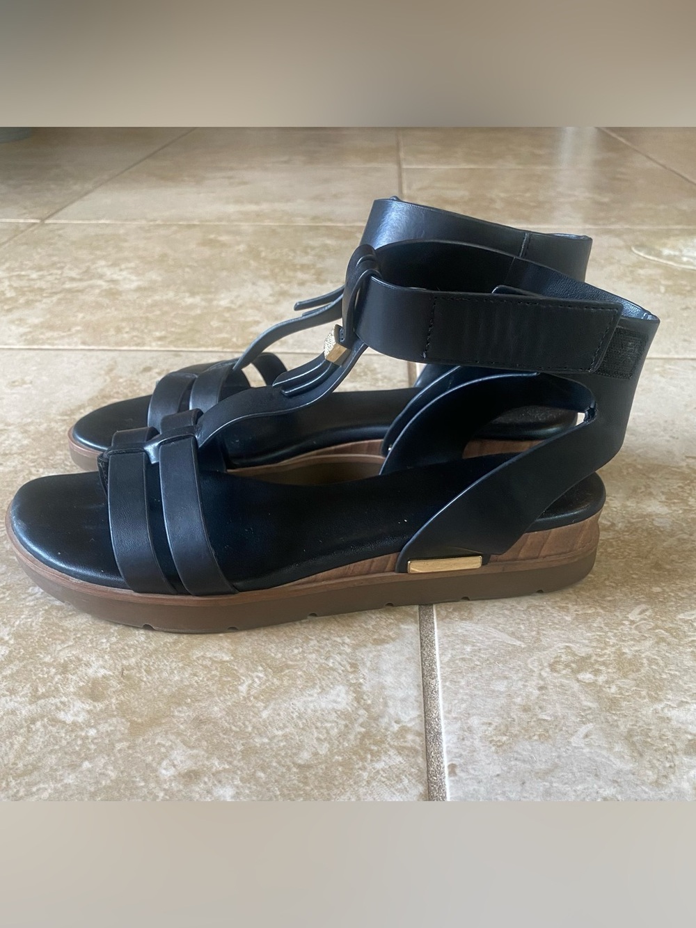 Franco Sarto Black Strappy Ankle-Wrap Sandals with Gold Accent